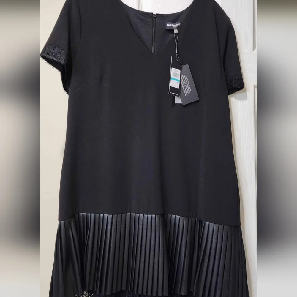 Karl Lagerfeld Flapper Style, Black Lace & Faux Leather Trim Dress - Picture 2 of 7